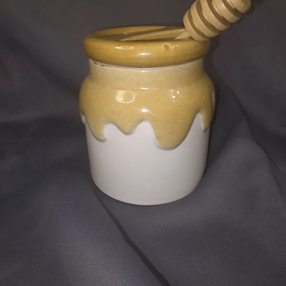Vintage 1982 Teleflora Ceramic Honey Pot Jar Lid Wooden Dipper Portugal